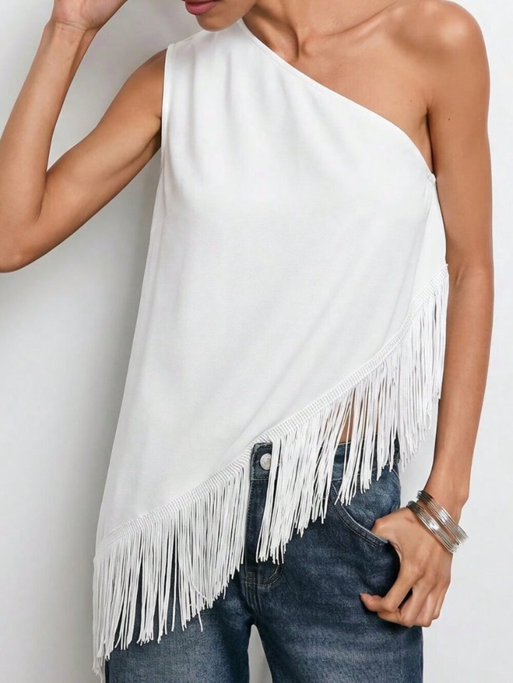 White Casual Women's One Shoulder Top With Tassel Hem Loose Elegant Party Night